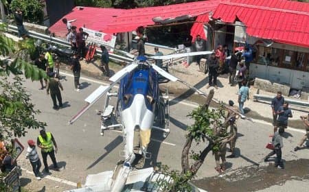 हाईवे पर हेलीकॉप्टर की आपात लैंडिंग, पीछे का हिस्सा कार पर गिरकर टूट
