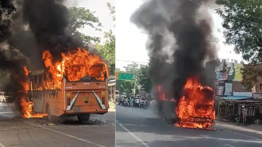 यूपी में हादसा: हाइवे पर चलती बस में लगी भीषण आग, बाल-बाल बची 42 यात्रियों की जान