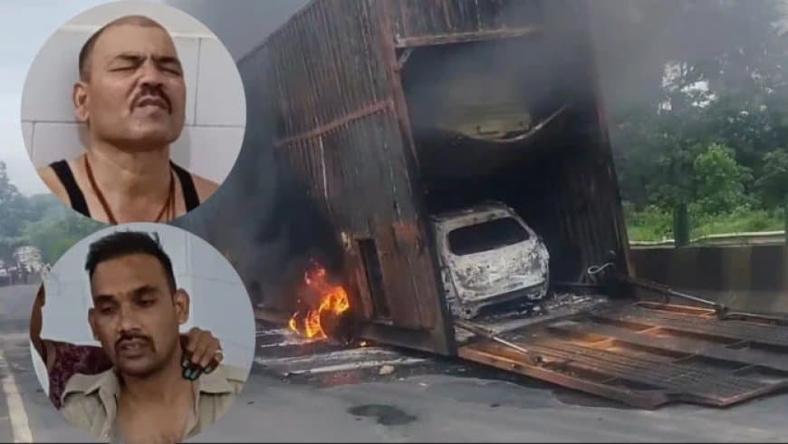 एमपी में एनएच-44 पर हादसा: चलते कंटेनर में आग से 7 नई सीएनजी कारें जलकर राख, जाम में पलटा पुलिस वाहन