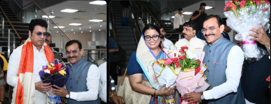 भोपाल पहुंचे भाजपा के नए प्रभारी बिप्लब देव और सह-प्रभारी रेखा वर्मा ... एयरपोर्ट पर वीडी शर्मा ने किया स्वागत