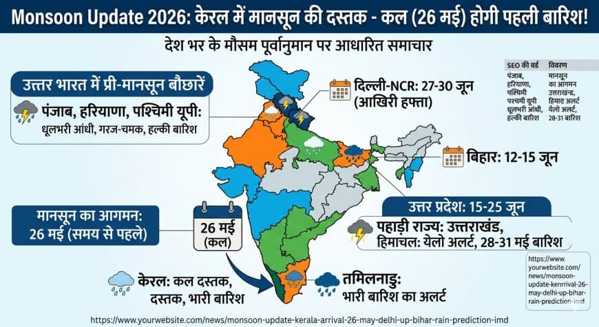 Monsoon Update 2026: वक्त से पहले केरल पहुंचेगा मानसून, जानें देश के किस हिस्से में होगी पहली बारिश Monsoon Update 2026: वक्त से पहले केरल पहुंचेगा मानसून, जानें देश के किस हिस्से में होगी पहली बारिश