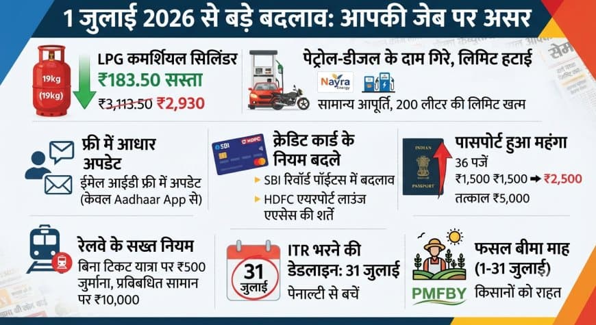 1 जुलाई 2026 से लागू हुए बड़े बदलाव: आपकी जेब पर होगा ये असर, क्या सस्ता हुआ, क्या महंगा 1 जुलाई 2026 से लागू हुए बड़े बदलाव: आपकी जेब पर होगा ये असर, क्या सस्ता हुआ, क्या महंगा