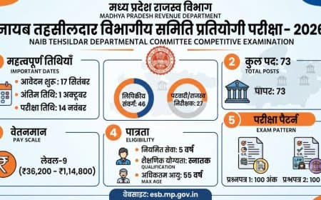 MP Nayab Tehsildar Recruitment 2026: नायब तहसीलदार के 73 पदों पर विभागीय भर्ती, 17 सितंबर से करें आवेदन MP Nayab Tehsildar Recruitment 2026: नायब तहसीलदार के 73 पदों पर विभागीय भर्ती, 17 सितंबर से करें आवेदन